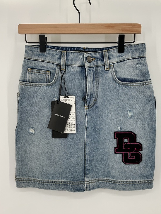 Dolce & Gabbana Dresses & Skirts - Dolce & Gabbana Distressed Logo Patch Denim Mini Skirt Size 38